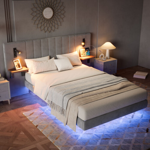 HOMAIRE Grey Velvet 4ft6 Double Bed with Lights 2
