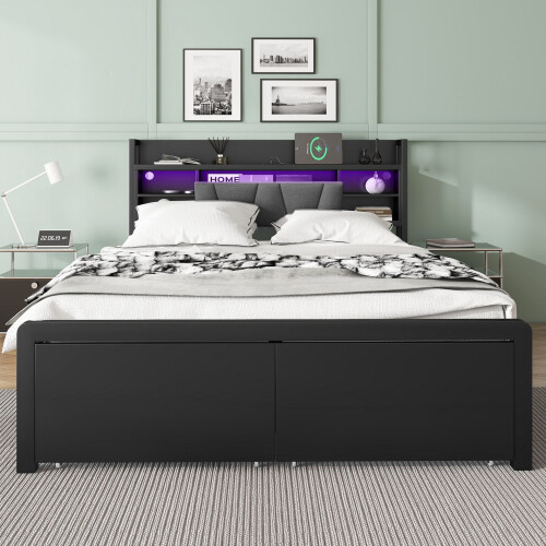 HOMAIRE Metal Double Bed with LED & Storage 2