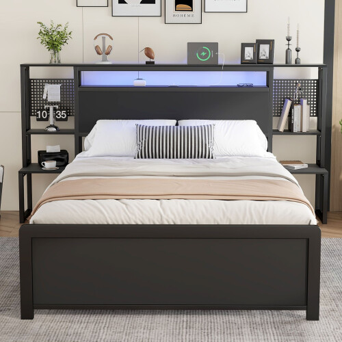 HOMAIRE Metal Double Bed with LED Lights Black 2