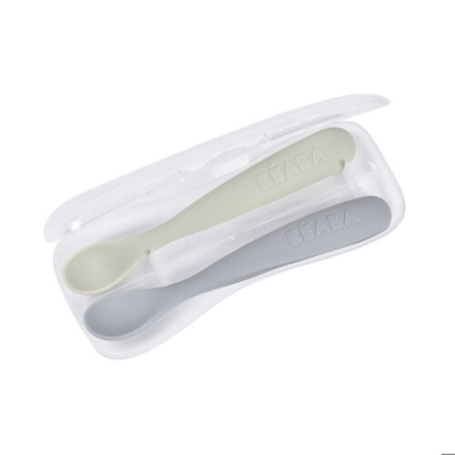 BEABA Conjunto de 2 colheres de silicone para bebês com caixa de transporte Nature 2