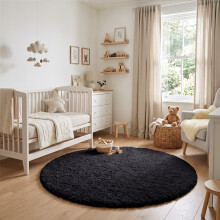 (120cm x 120cm (4 x 4 ft)- Circle Round Rug, Black) Anti Slip Shaggy Rug For Living Room Runner Carpet