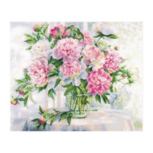 Kit de point de croix - ALISA - Pivoines à la fenêtre (2-51) - 46x38 cm - Toile Aïda 14ct blanc - 48 couleurs