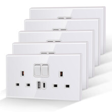 USB Wall Socket with USB-C & USB-A Ports, 5 Pack UK Double 13A Switched Plug Socket with Tempered Glass Panel, 2 Gang Electrical Socket