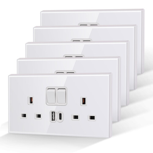 USB Wall Socket with USB-C & USB-A Ports, 5 Pack UK Double 13A Switched Plug Socket with Tempered Glass Panel, 2 Gang Electrical Socket