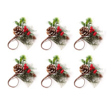 Napkin Rings Set of 6, Pine Needle Berries, Rustic Farmhouse Christmas Thanksgiving Holiday