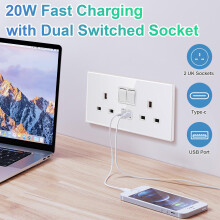 Misvayli 5 Pack 2 Gang USB Socket, 20W PD USB C & USB A Wall Socket, Double Switched 13A UK Power Outlet, White Tempered Glass Faceplate