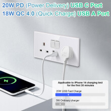 5 Pack USB Wall Socket, 2 Gang Double Socket with 20W USB C PD & USB A, Switched UK 13A Power Socket, Tempered Glass Wall Outlet, White