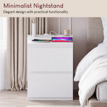 (White) Denver 2 Drawer Large Bedside Chest with Power Outlet, Modern Nightstand Storage Table