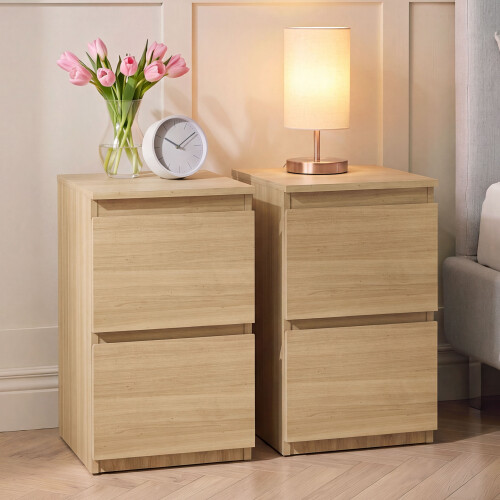 Vida Designs (Pine) Denver 2 Drawer Bedside Chest, Modern Nightstand Storage Table- Set of 2