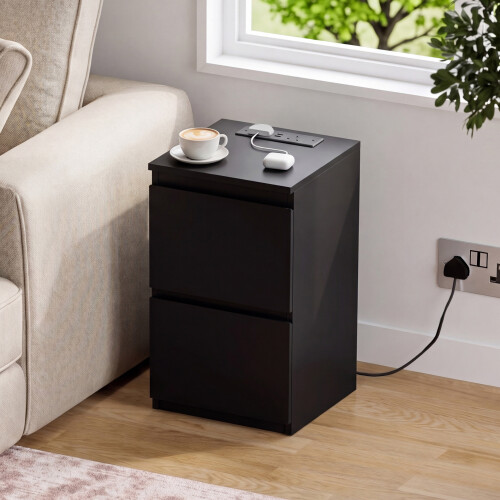 Vida Designs (Black) Denver 2 Drawer Bedside Chest with Power Outlet, Modern Nightstand Storage Table 1
