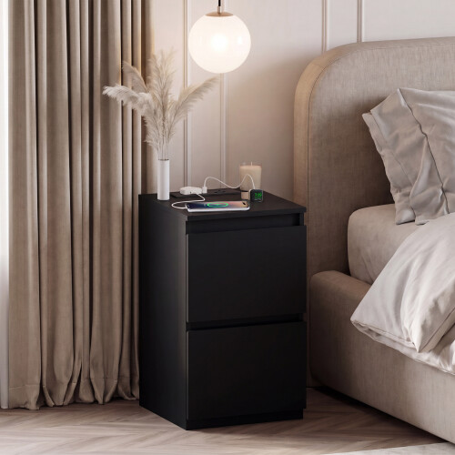 Vida Designs (Black) Denver 2 Drawer Bedside Chest with Power Outlet, Modern Nightstand Storage Table 2