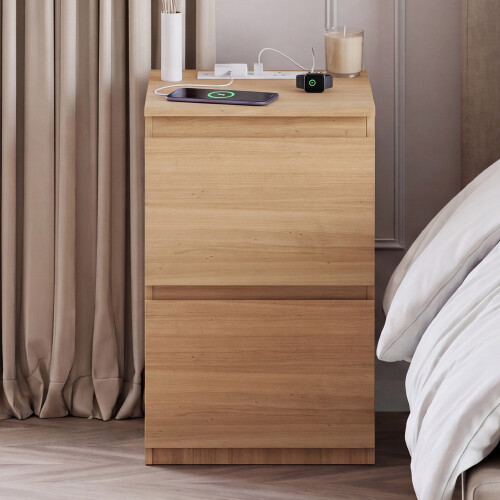 Vida Designs (Pine) Denver 2 Drawer Bedside Chest with Power Outlet, Modern Nightstand Storage Table 1