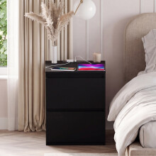 (Black) Denver 2 Drawer Large Bedside Chest with Power Outlet, Modern Nightstand Storage Table