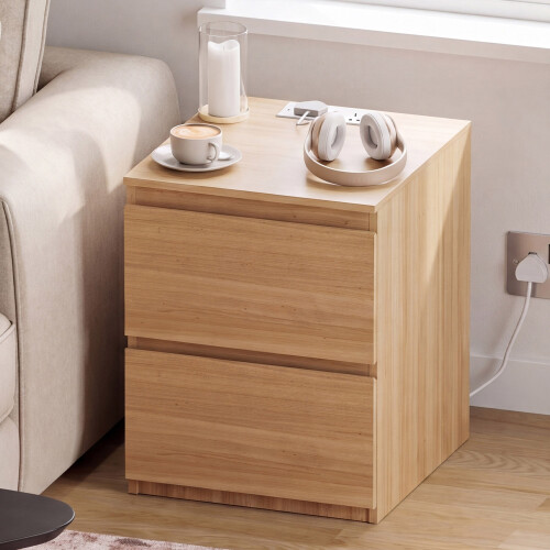 Vida Designs (Pine) Denver 2 Drawer Large Bedside Chest with Power Outlet, Modern Nightstand Storage Table 2