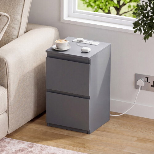 Vida Designs (Grey) Denver 2 Drawer Bedside Chest with Power Outlet, Modern Nightstand Storage Table 1