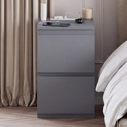 Vida Designs (Grey) Denver 2 Drawer Bedside Chest with Power Outlet, Modern Nightstand Storage Table 2