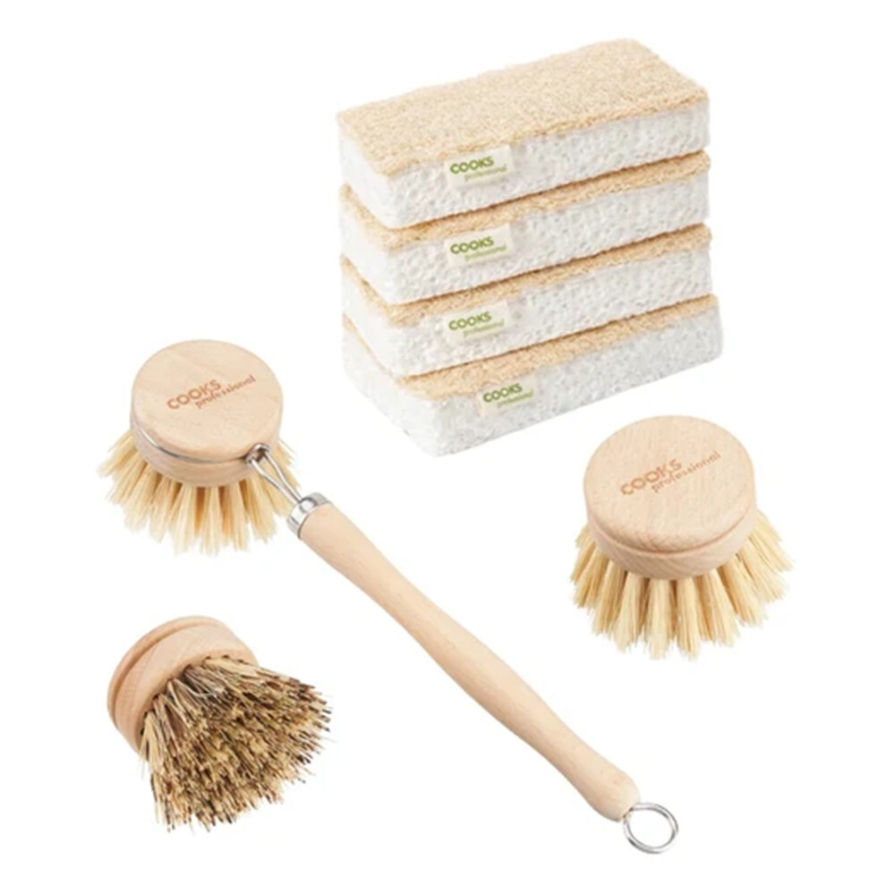 Cooks Professional Eco Cleaning Tool Set | 4 Sponges & Bamboo Dish Brush | Natural Cellulose & Loofah Scourer Sponges & Long-Handled Washing Up Brush With 3 Interchangeable Heads, Plastic-Free - Image 3