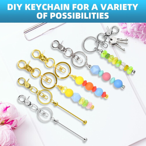 20 Pieces Beadable Keychains Bars - Diy Golden & Silver Beadable Keychains Bulk -Beaded Keychain Making Kit