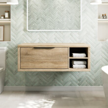 1100mm Bathroom Vanity Unit Countertop Wall Hung With Shelves Black Handle Oak Wood No Basin - RH Shelves