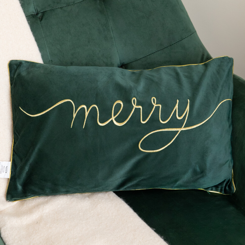 B&Q - 49Cm Dark Green Christmas Decorative Merry Cushion With Gold Detail - Image 3