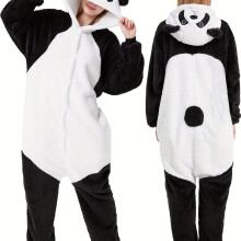 (A, 12/14) Cute Panda One Piece Pajamas with Hood and Pockets - Thickened Thermal Button Front Closure One Piece, Loose Pajamas