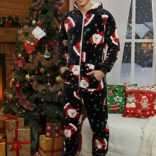 (A, XL) Home Wear Trendy Teenagers Plush Warm Hooded, Santa Claus Printed Jumpsuit Home Wear, Suitable For Teenagers