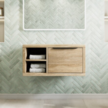 800mm Bathroom Vanity Unit Countertop Wall Hung With Shelves Black Handle Oak Wood No Basin - LH Shelves