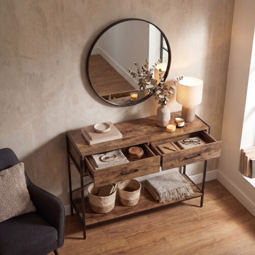 Vida Designs (Dark Wood) Brooklyn Industrial 2 Drawer Console Table Shelf 2