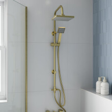 Purefino Bathroom Shower Kit Square Single Spray Adjustable Handset Head & Riser Rail with Shower Head Holder, 1.5m Flexible Hose, Brushed Brass