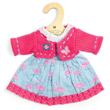 Roupa de boneca média - BIGJIGS - Estampa de flamingo - vestido e cardigan - gola em estilo rendado - adequado para bonecas de 30 cm