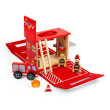 caixa de brinquedo de bombeiros portátil de madeira para crianças