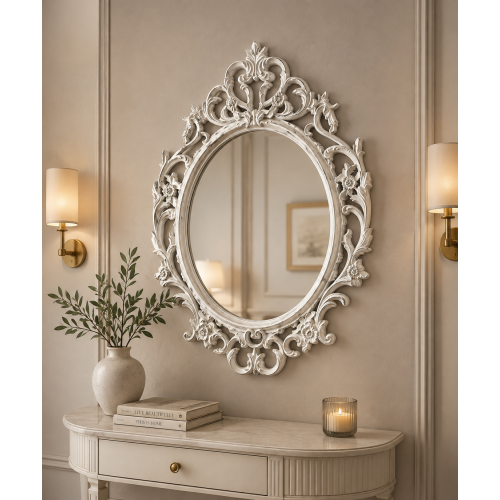 Oval Ornate Baroque Mirror White Rustic 69x48x3Cm