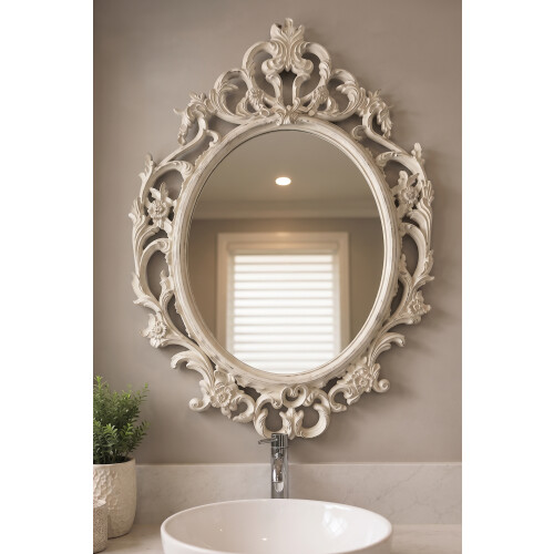 Oval Ornate Baroque Mirror White Rustic 69x48x3Cm 2