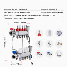VEVOR Heizkreisverteiler, 10-Zweig-Verteiler, Edelstahl, 1/2-Zoll-PEX-Rohr, für hydronische Fußbodenheizung