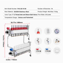 VEVOR Collecteur de Chauffage au Sol, Acier Inoxydable SUS304, 10 Branches, Kit avec Manomètres et Vannes