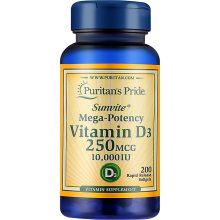 Vitamina D3 250 mcg (10 000 UI) 200 cápsulas moles de libertação rápida Puritans Pride