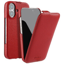 Étui magnétique à rabat vertical compatible avec l'iPhone 16, en cuir de vachette véritable et polycarbonate antichoc - Rouge