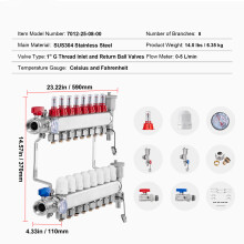 SucceBuy Collecteur de Chauffage au Sol PEX, Acier Inoxydable, 8 Sorties, avec Manomètres et Kit d'Installation