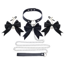Adult SM Bondage Accessories Set - Cute Bow Bell Nipple Clamps Collar & Metal Leash Chain