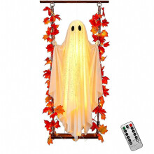 Halloween-koriste ulos ja sisälle, 1,2 m riippuva aavekoriste vaahteranlehdellä ja keinulla, valaiseva aavekoriste Halloweeniin