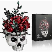 Skull Rose Bouquet Building Set for Adults, Halloween Gothic Horror Skeleton Plant Pot Home Decor, Artificial Flower Botanical Collection