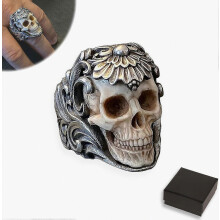 Vintage floraler Schädelring mit Geweih, verstellbarer offener Gothic-Punk-Ring im antiken Stil, Biker-Schmuck aus Metall, dunkel und robust