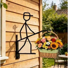 Fischer-Topfhalterung aus Metall, Wandhaken für Pflanzenkörbe, kunstvoller schwarzer Eisen-Aufhänger für Garten und Wohnraumdeko