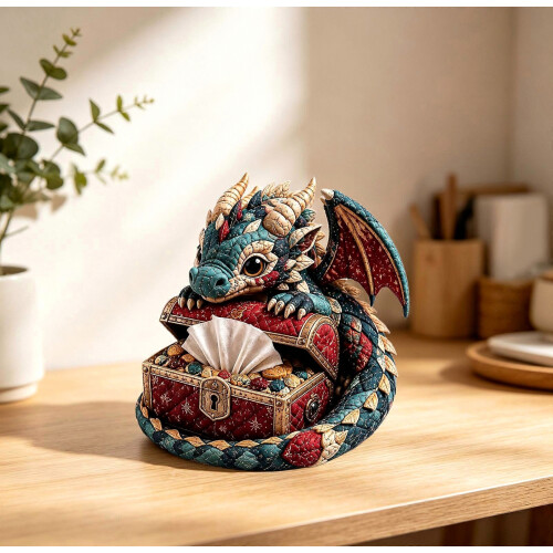 Dragon Tissue Box DIY Sewing Project Quilted Patchwork Craft Tissue Holder for Desk Shelf or Study Display Multicolor Organizer 1