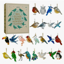 Adventskalender met zeeglazen vogels, interactieve aftelbox voor kerst, met verrassingsvakjes en wisselornamenten