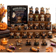 Halloween adventskalender 2026 met 24 dagen aftelkalender en 24 Highland koe figuurtjes voor op bureau