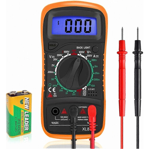 Digital Multimeter Voltmeter Battery Voltage Meter with Test Leads, Backlit LCD Display, Portable Handheld Tester for Electrical Measureme