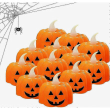 Luci LED senza fiamma a forma di zucca per Halloween, 12 pezzi, colore arancione, decorazioni per feste di Halloween e Ringraziamento