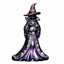 Hartsista valmistettu noitahahmo mustalla kissalla ja kurpitsalla, koristeellinen halloween-juhlaan sopiva sisustusfiguuri
