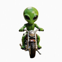 Moottoripyörää ajava alien-hahmo, hartsinen koristeveistos, kotiin, olohuoneeseen, toimistoon, pöydälle, sisustukseen